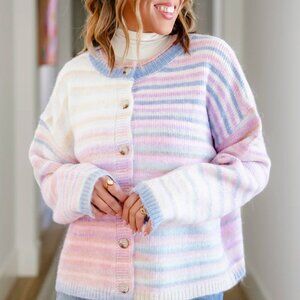 Rainbow Stripe Long Sleeve Button Down Cardigan